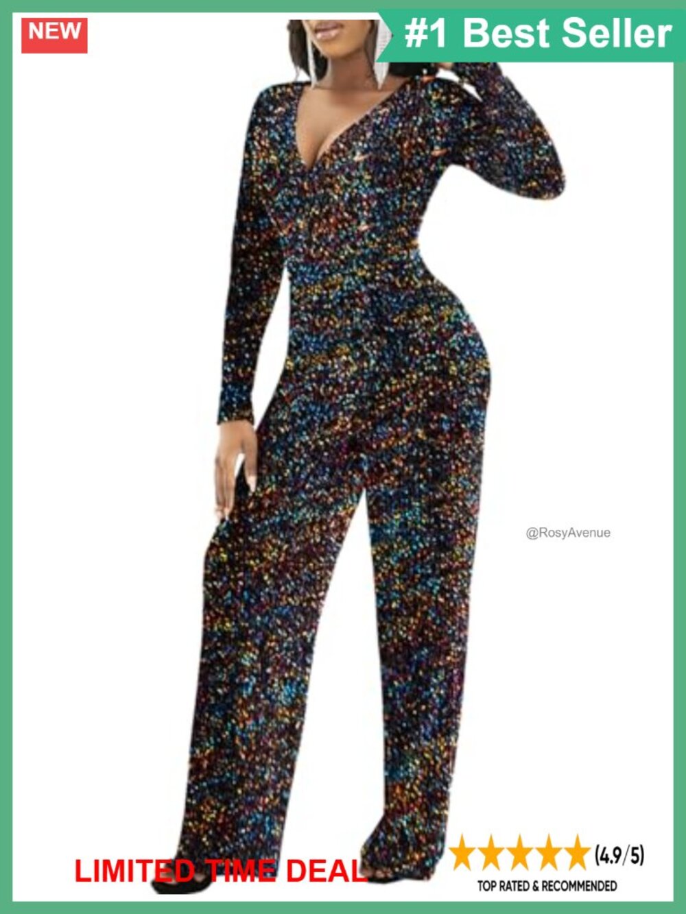 Sparkling Long Sleeve Jumpsuit V-Neck High Waist Wide Leg Party